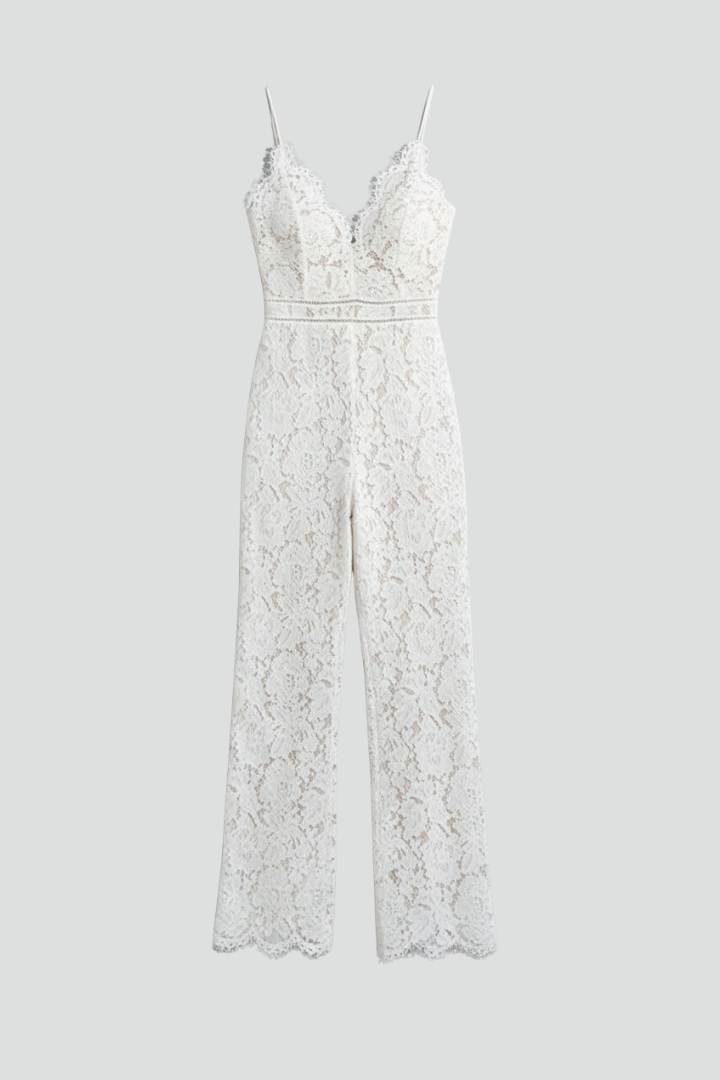 Elegant women's white lace V-neck jumpsuit, perfect sleeveless straight-leg evening wear for parties.