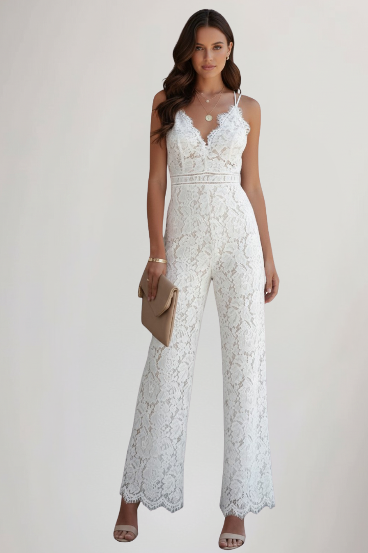 Chic black lace V-neck women's jumpsuit, a stylish sleeveless straight-leg party outfit for evenings.