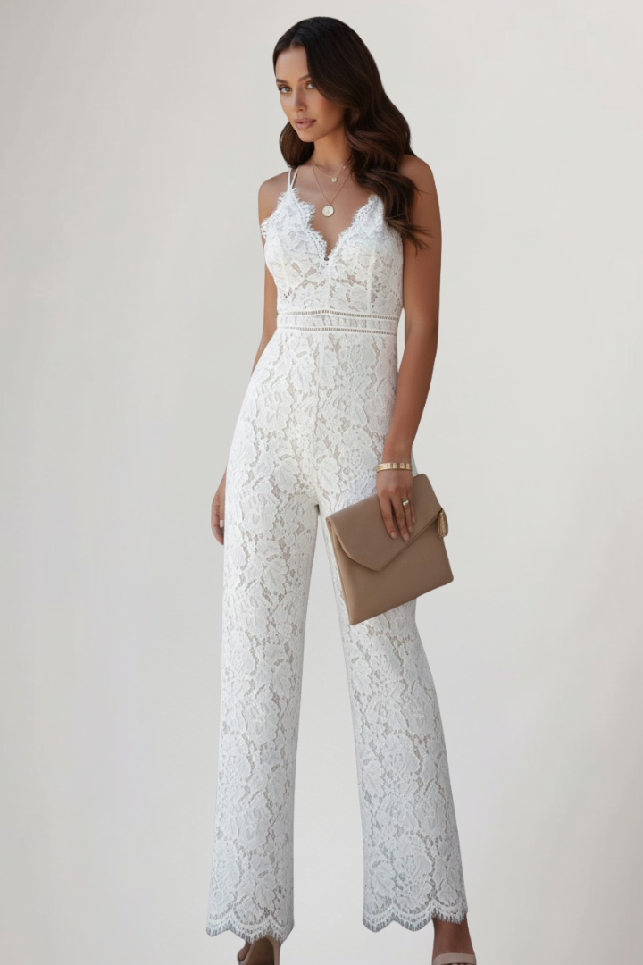Sophisticated black women's lace V-neck jumpsuit, a stunning sleeveless straight-leg party outfit.