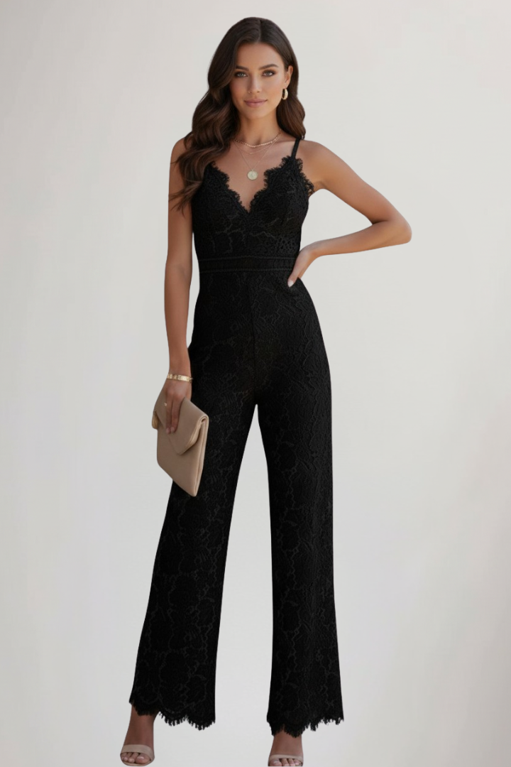 White elegant women's lace V-neck jumpsuit, sleeveless with straight legs, perfect for evening wear.