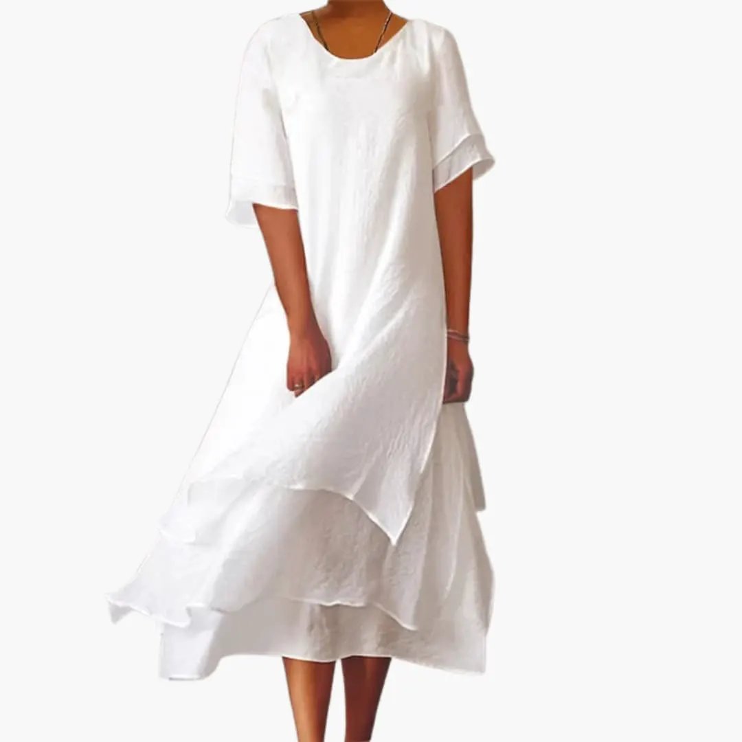 Elegant women's white sleeveless midi dress with a round neck, perfect for summer casual or everyday wear.