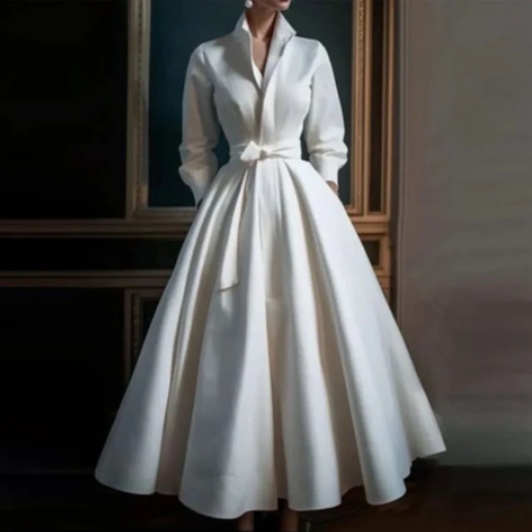 Elegant women's white V-neck A-line midi dress with long sleeves, perfect for formal events or sophisticated parties.
