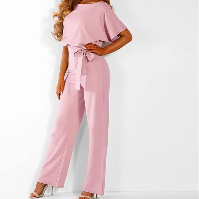 Fashionable women's belted wide leg jumpsuit, perfect for a versatile party or casual look.