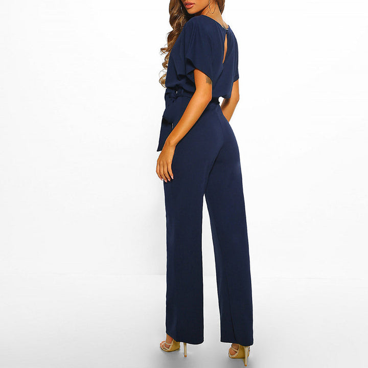 Women's short sleeve boat neck jumpsuit, wide leg & belted, offering chic and casual style.