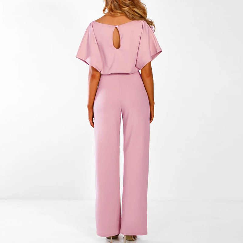 Flowing wide leg belted jumpsuit for women, an elegant one-piece perfect for any summer party.