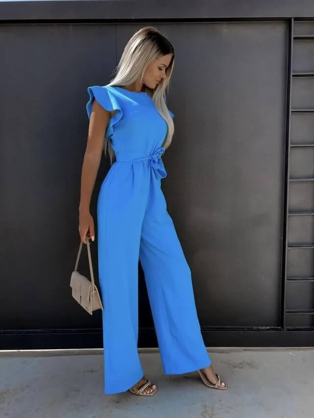 Chic women's wide leg jumpsuit featuring elegant butterfly sleeves, perfect for versatile evening wear.