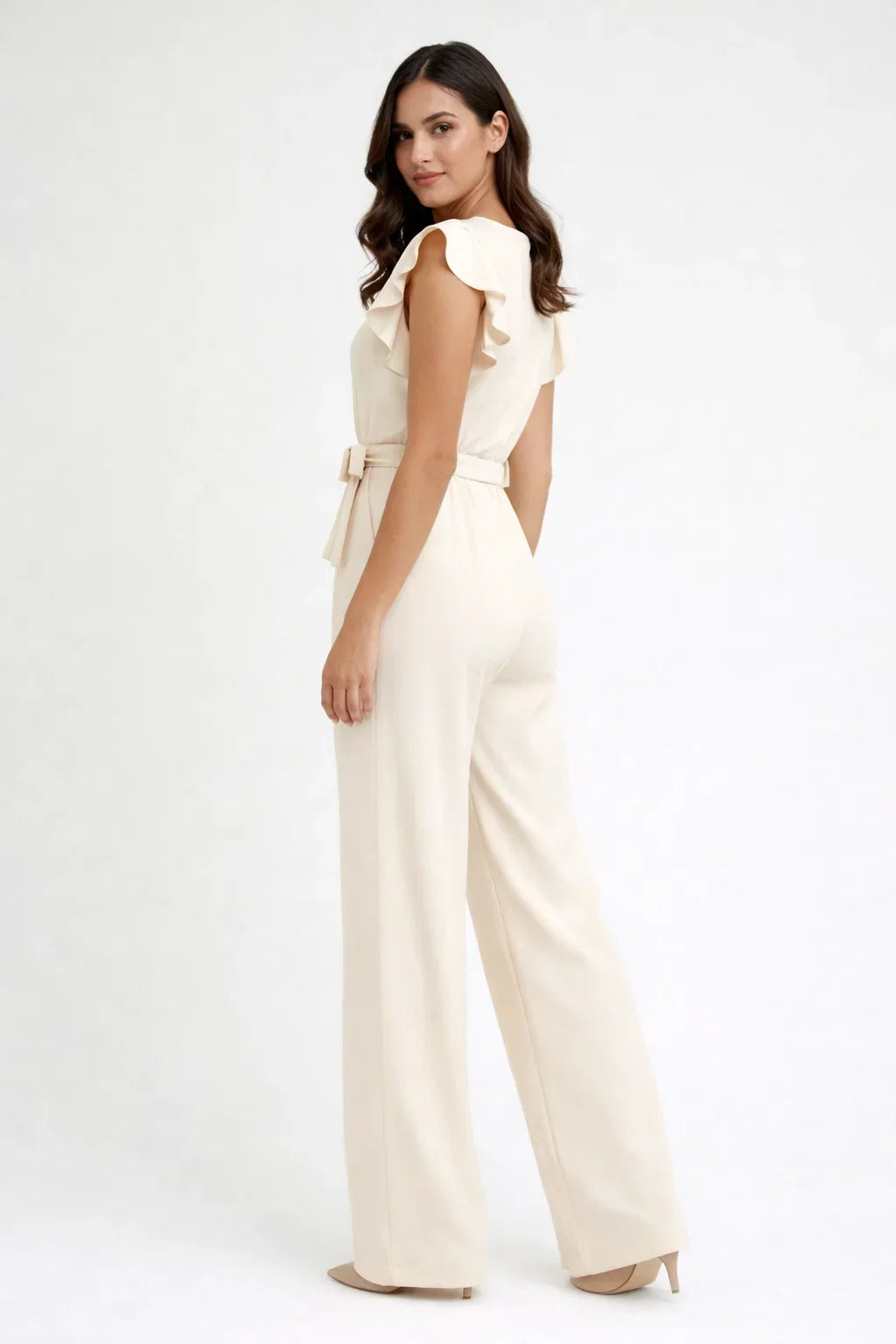 Chic wide leg women's jumpsuit with butterfly sleeves, perfect for elegant occasions.