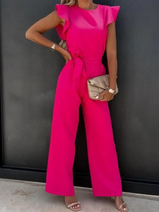 Fashionable women's wide leg jumpsuit with delicate butterfly sleeves, ideal for chic wear.
