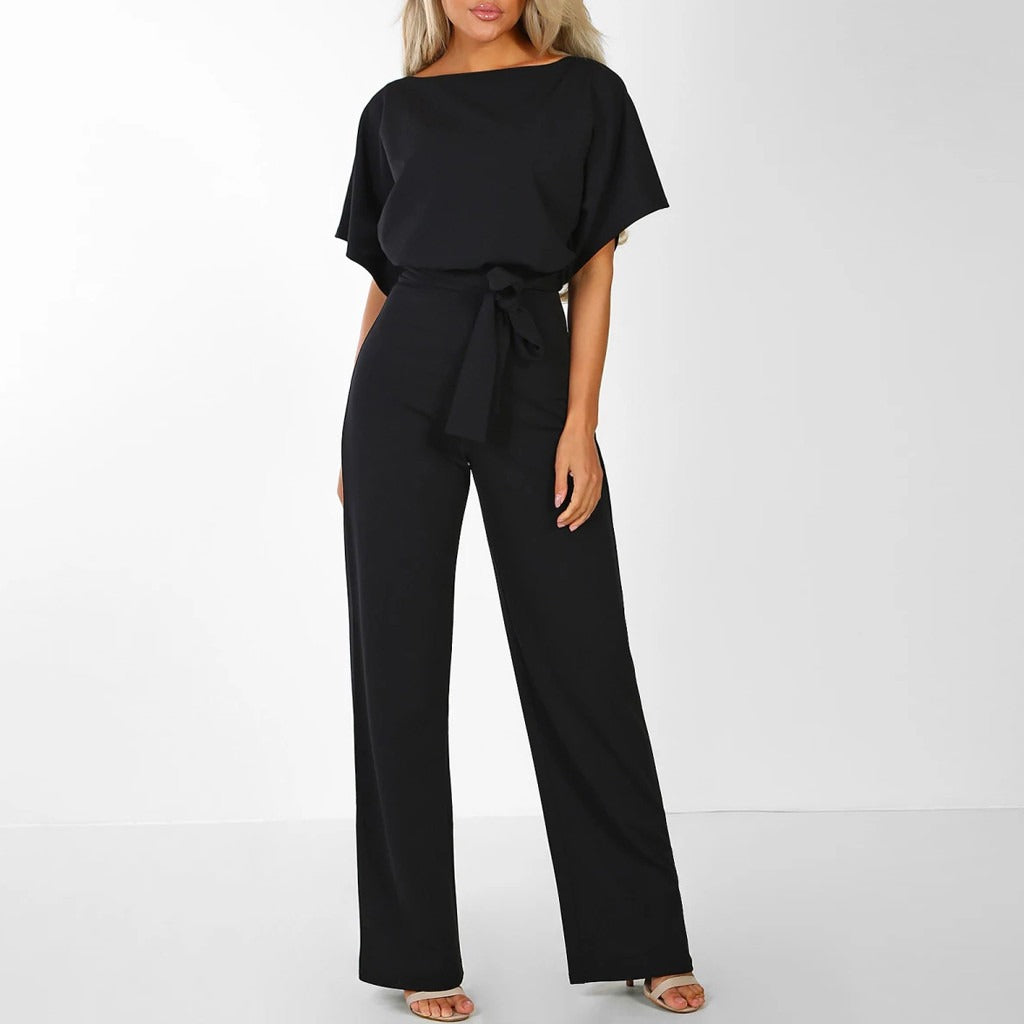 Chic women's wide-leg jumpsuit with belted waist, offering a comfortable, modern, and versatile day-to-night look.