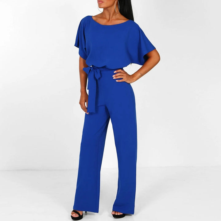 Full-length elegant women's wide-leg jumpsuit with a flattering belted waist. Sophisticated and chic modern apparel.