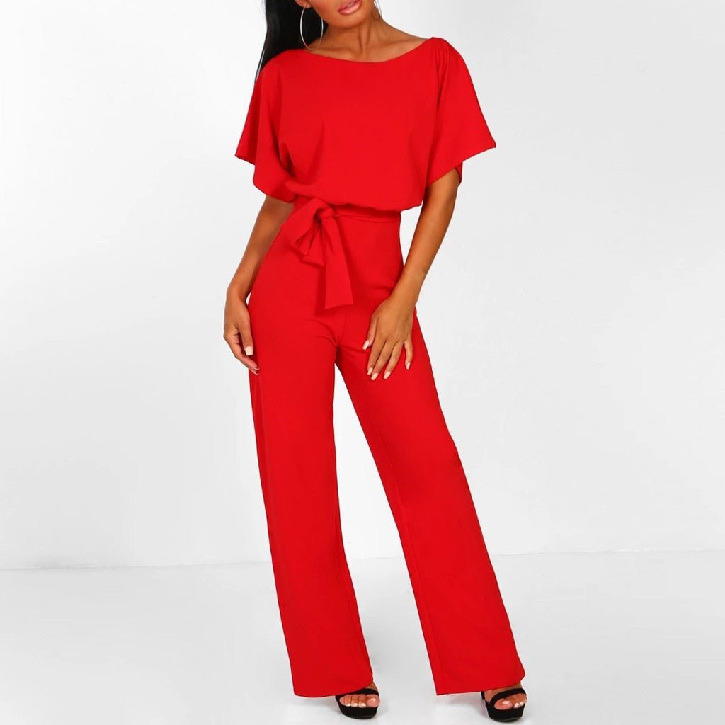 Versatile women's wide-leg jumpsuit with a belted waist. Elegant, full-length, and chic for any modern occasion.