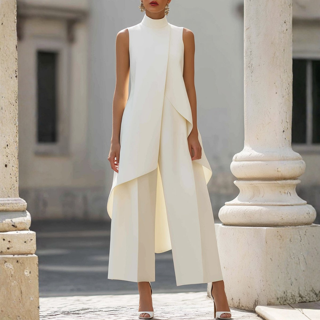 Elegant women's wide-leg jumpsuit with drop waist, perfect for formal evening wear and chic style.