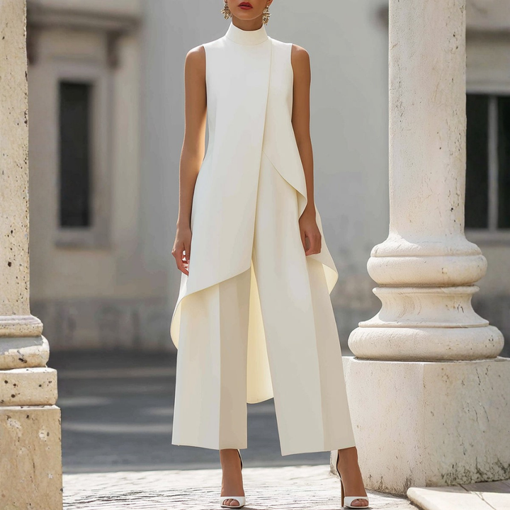 Elegant women's wide-leg jumpsuit with drop waist, perfect for formal evening wear and chic style.