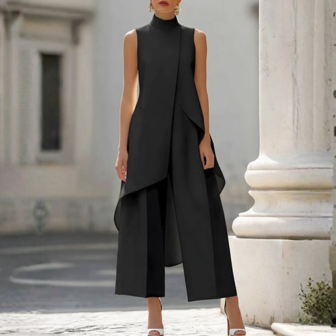 Chic sleeveless high-neck jumpsuit, flattering wide-leg design for modern women's fashion.