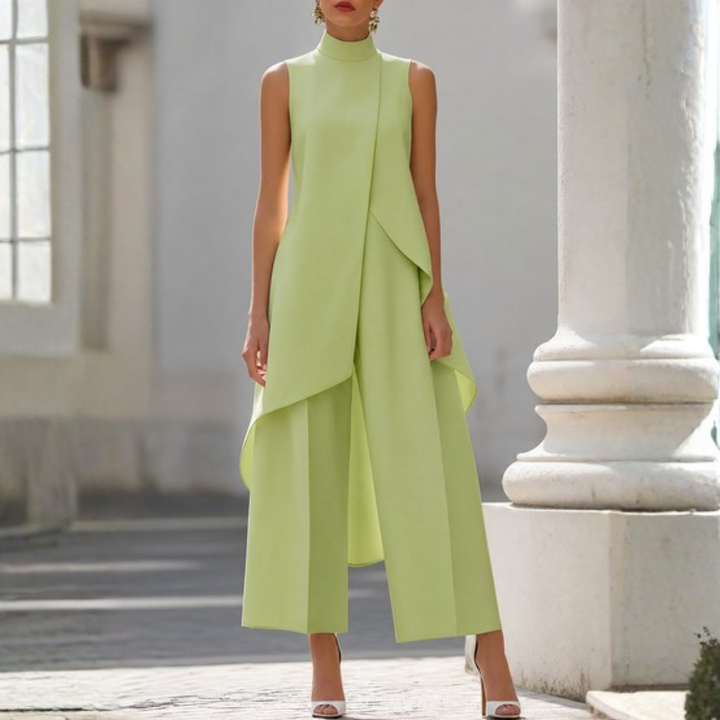 Versatile wide-leg jumpsuit for women, with a chic high neck and flattering drop waist style.