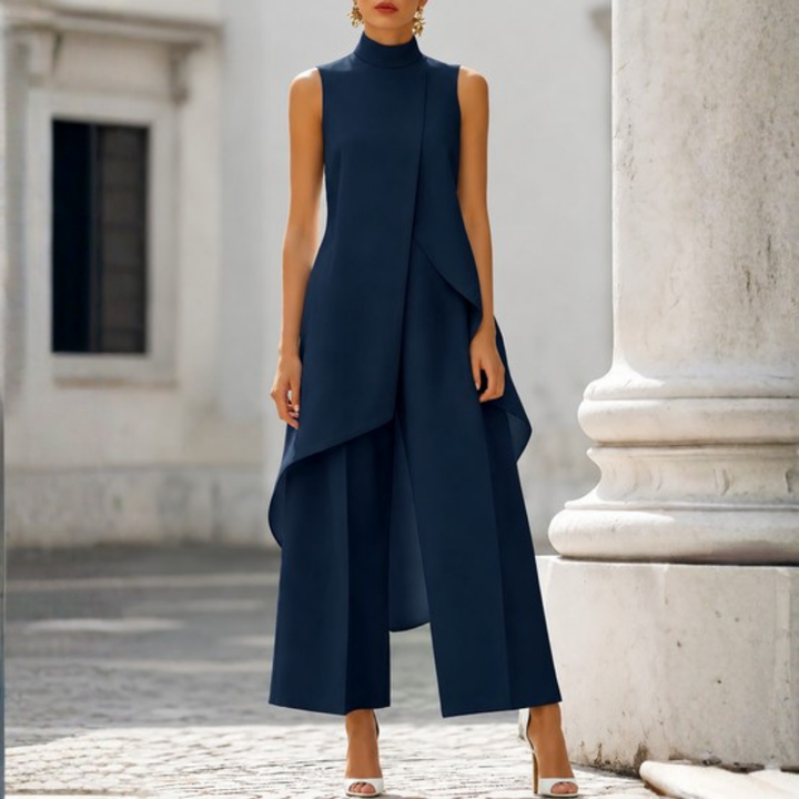 Modern elegant jumpsuit for women, sleeveless with a high neck, wide-leg cut, and drop waist.