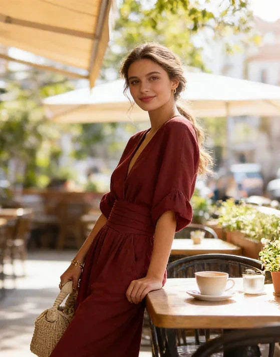 One-piece wide-leg jumpsuit for women, elegant wrap front. Chic day to night spring outfit.