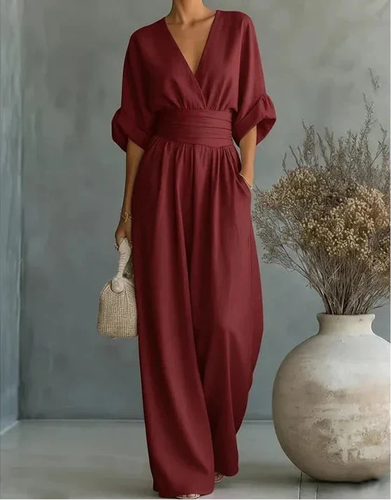 Chic wrap front wide-leg jumpsuit for women. An elegant one-piece outfit, day to night style.