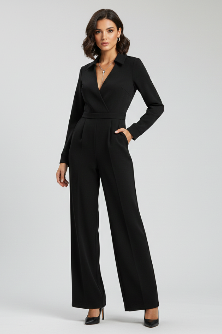 Stylish women's long sleeve collared jumpsuit, featuring a flattering wide leg design for any occasion.