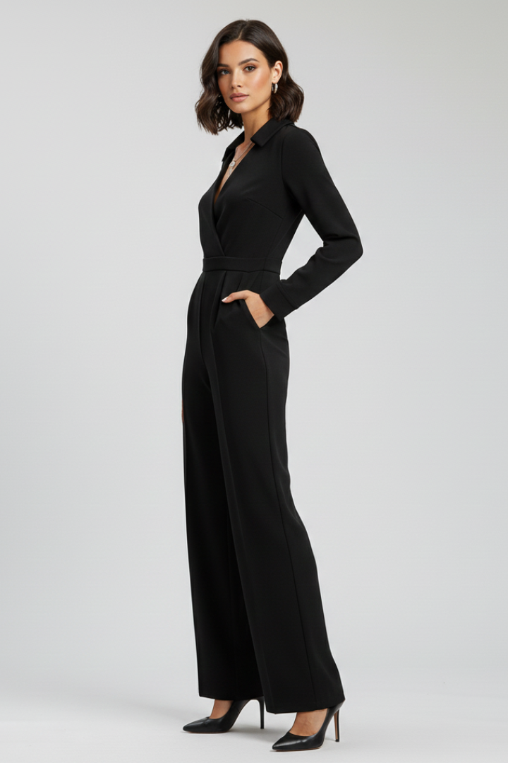 Sophisticated women's jumpsuit, button-front with a classic shirt collar and flowing wide legs. Office wear.