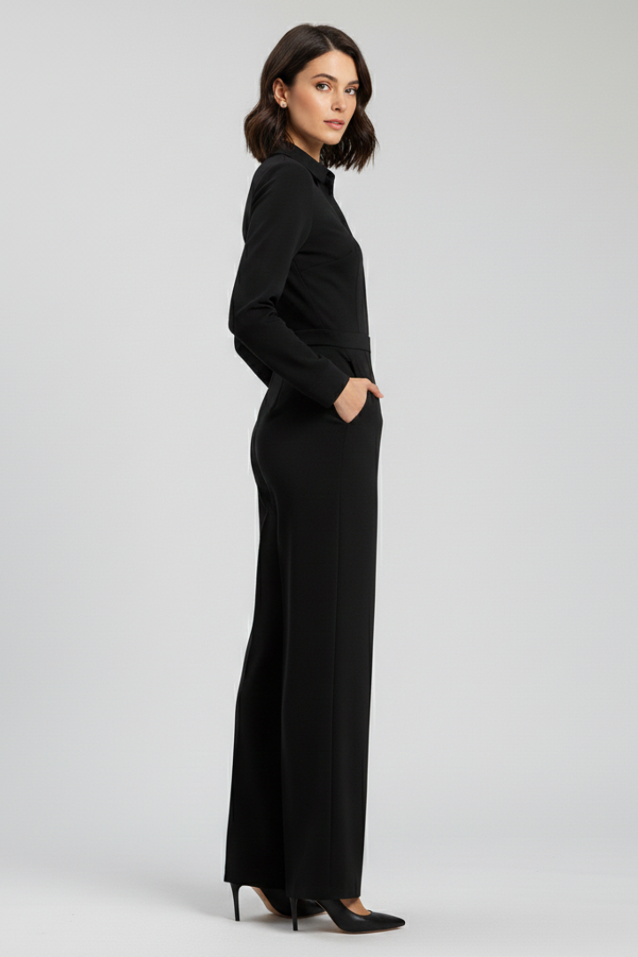 Fashionable women's wide leg jumpsuit with elegant shirt collar and long sleeves, ideal for special events.