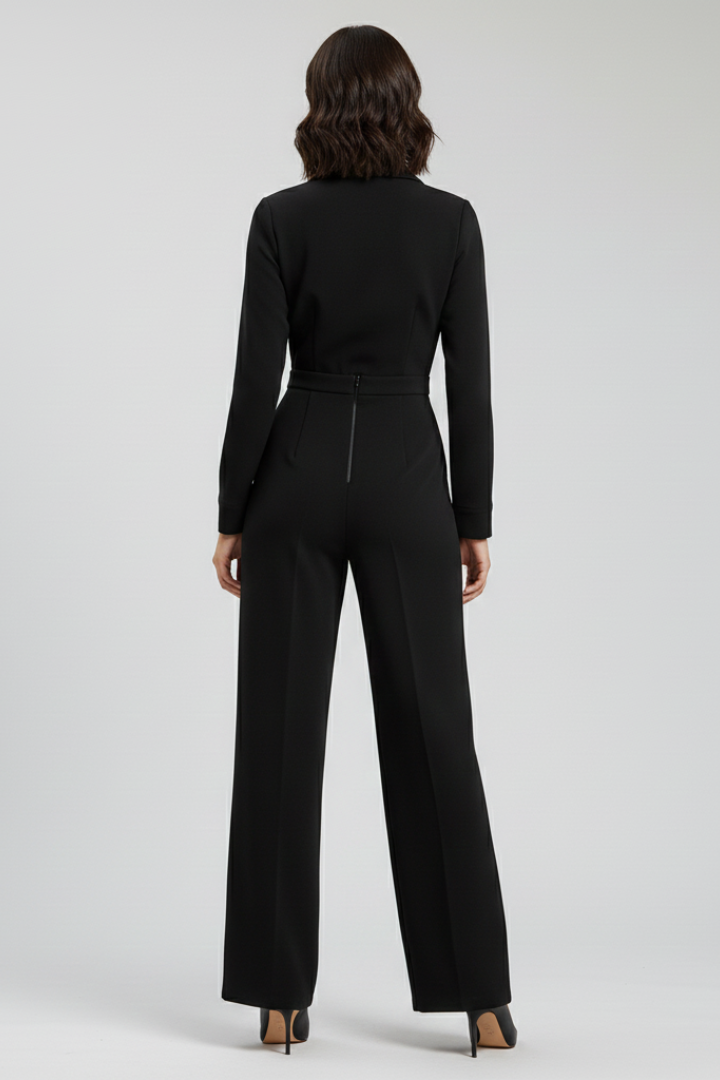Chic women's collared wide leg jumpsuit, combining formal elegance with casual comfort. Effortless style.