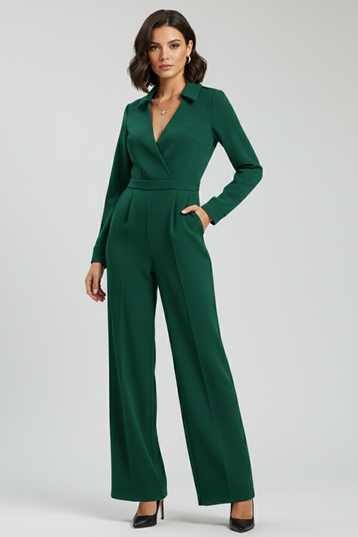 Versatile women's long sleeve wide leg jumpsuit with a classic shirt collar for office or special occasions.