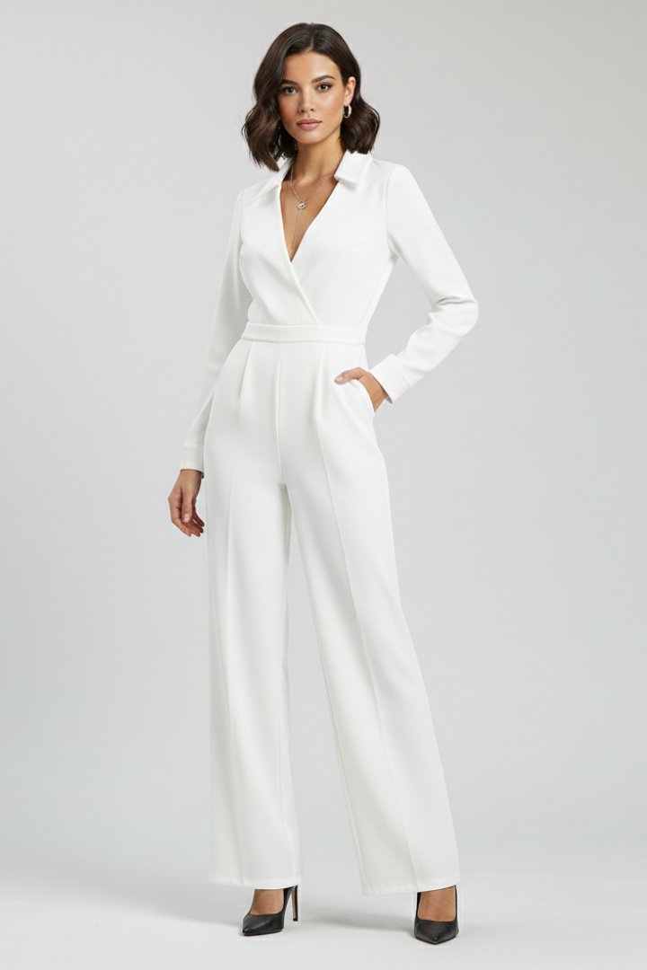 Modern women's wide-leg button-front jumpsuit. Elegant collared design for sophisticated and effortless fashion.
