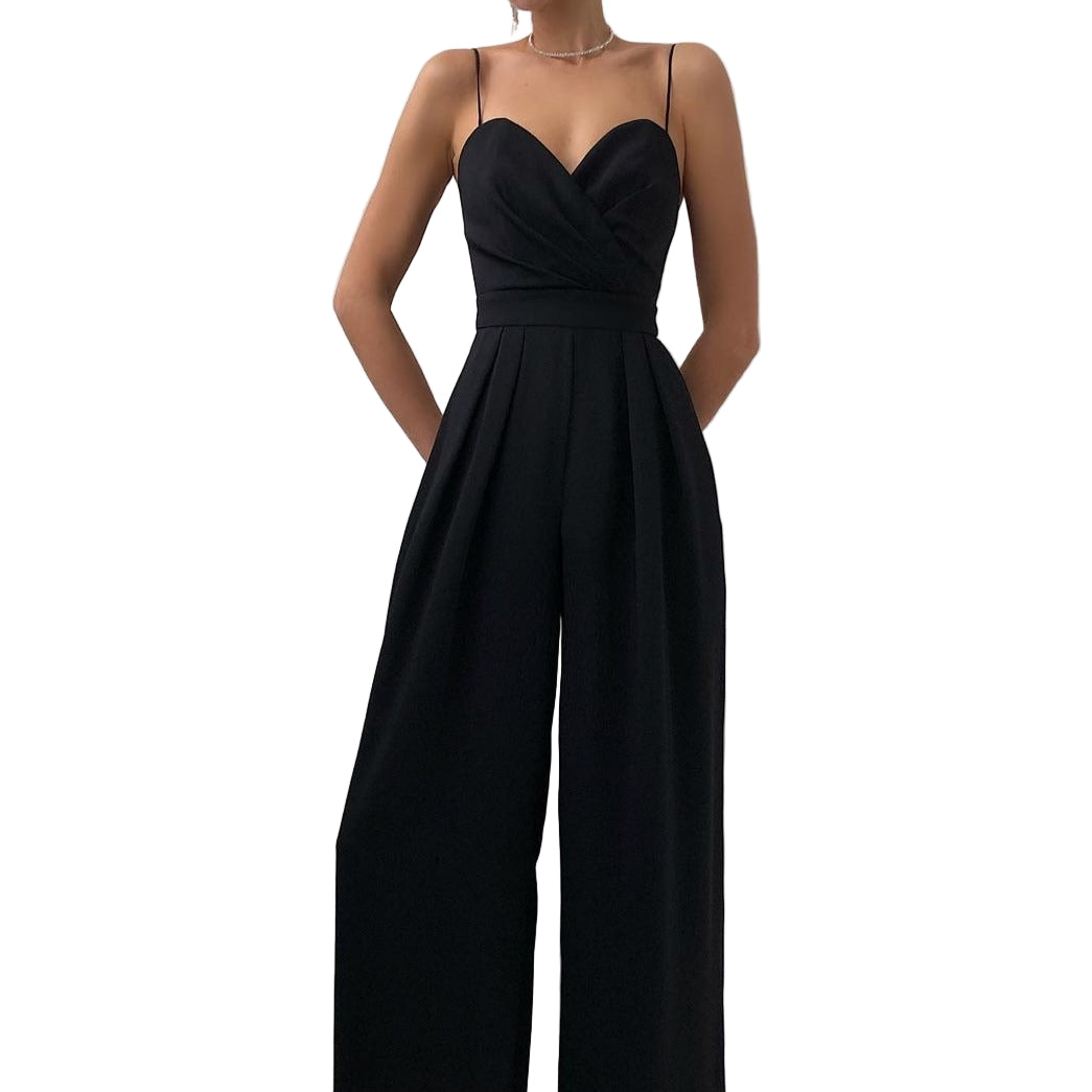 Elegant women's wide-leg jumpsuit with spaghetti straps, perfect for formal evening parties and special occasions.
