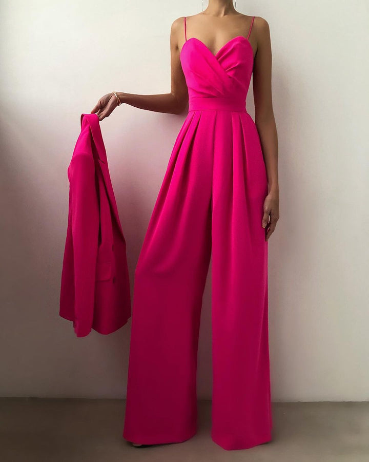 Comfortable yet stylish women's wide-leg jumpsuit with spaghetti straps, perfect for a chic evening or formal party.