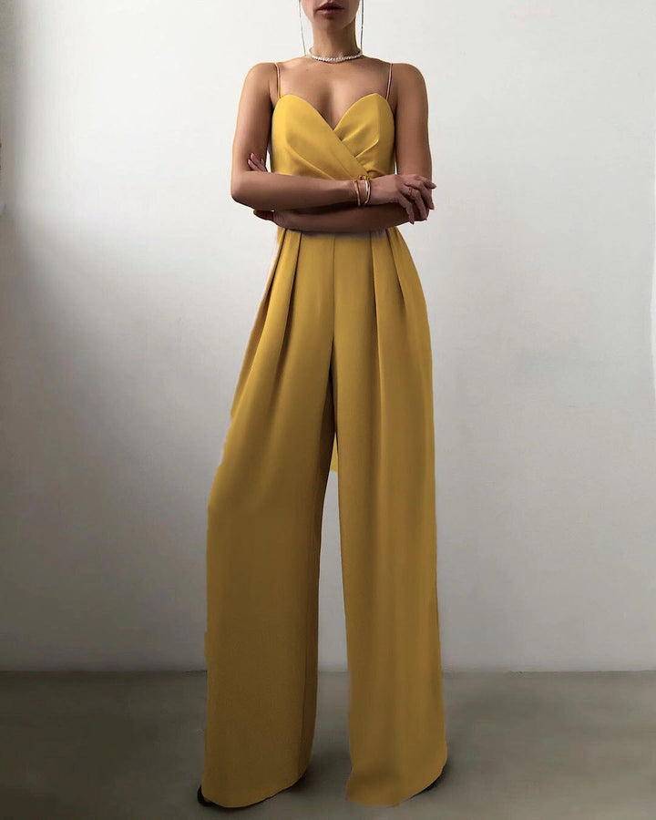 Flattering women's sleeveless wide-leg jumpsuit with spaghetti straps, designed for elegant special occasions.