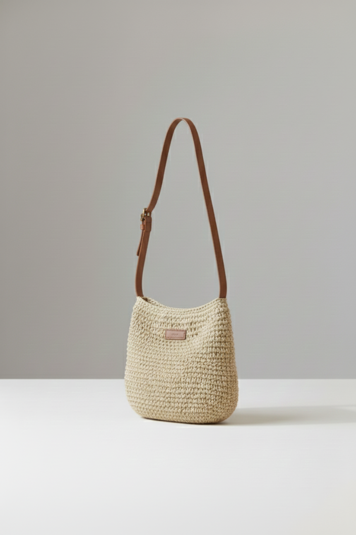Chic beige woven shoulder bag for women, a compact everyday purse with textured detail & elegant style.