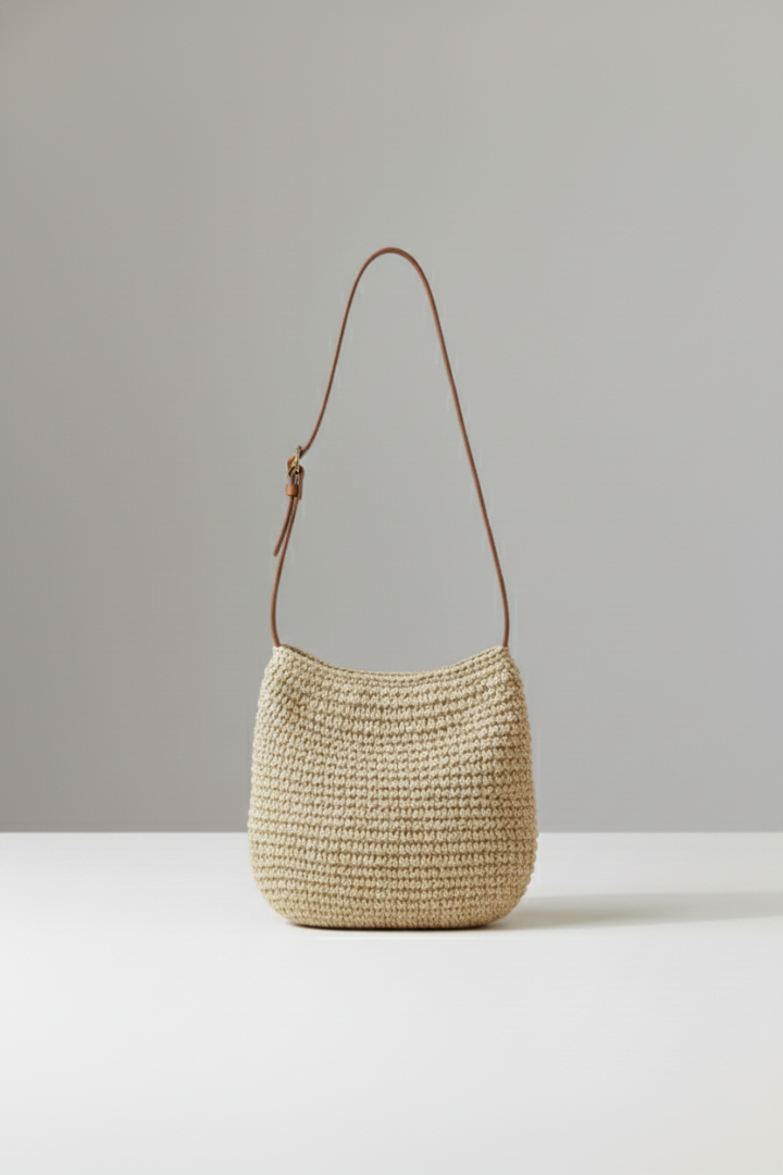Textured woven shoulder bag for women in a neutral tone, an elegant & compact fashion accessory for daily carry.