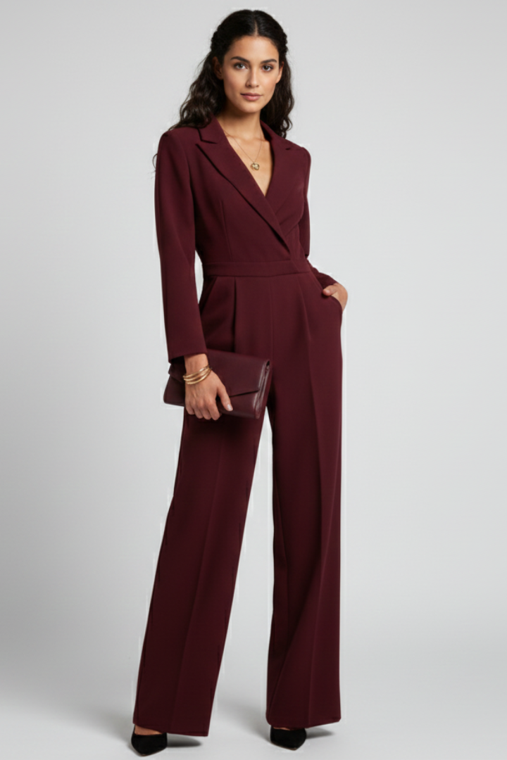 Flowy women's wrap front wide leg jumpsuit with V-neck, ideal for formal or casual wear.