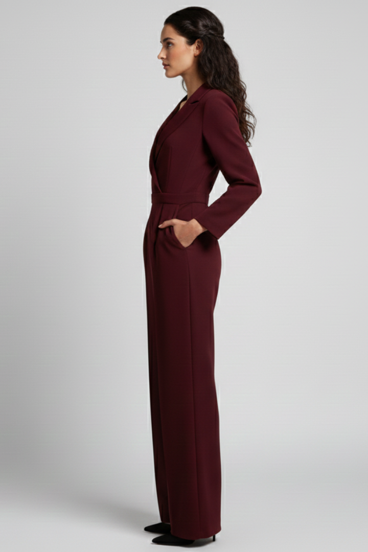Stylish women's V-neck wrap front wide leg jumpsuit, a comfortable one-piece outfit.