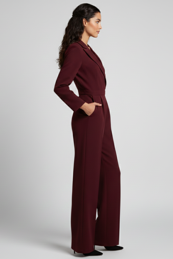 Formal elegant women's wrap front wide leg jumpsuit, perfect for events & special occasions.