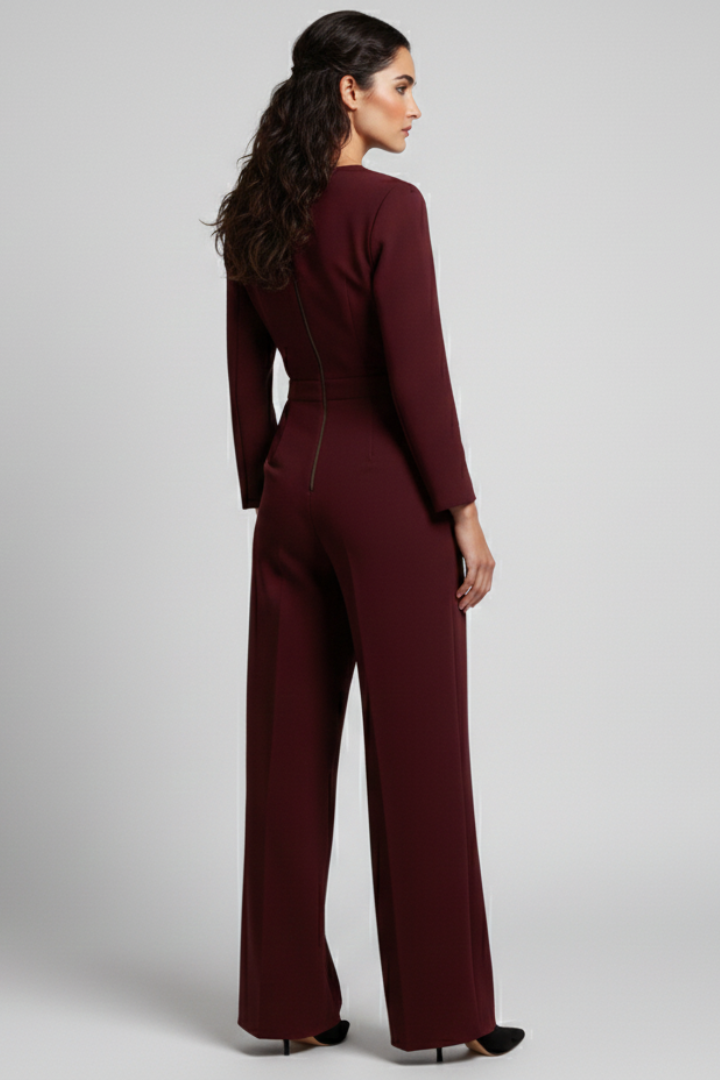 Fashionable women's long sleeve wrap front wide leg jumpsuit for a chic, modern look.