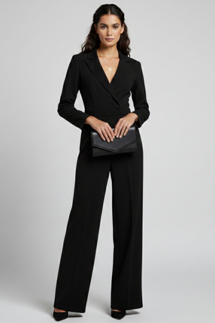 Versatile women's elegant wrap front wide leg jumpsuit, suitable for both casual and formal settings.