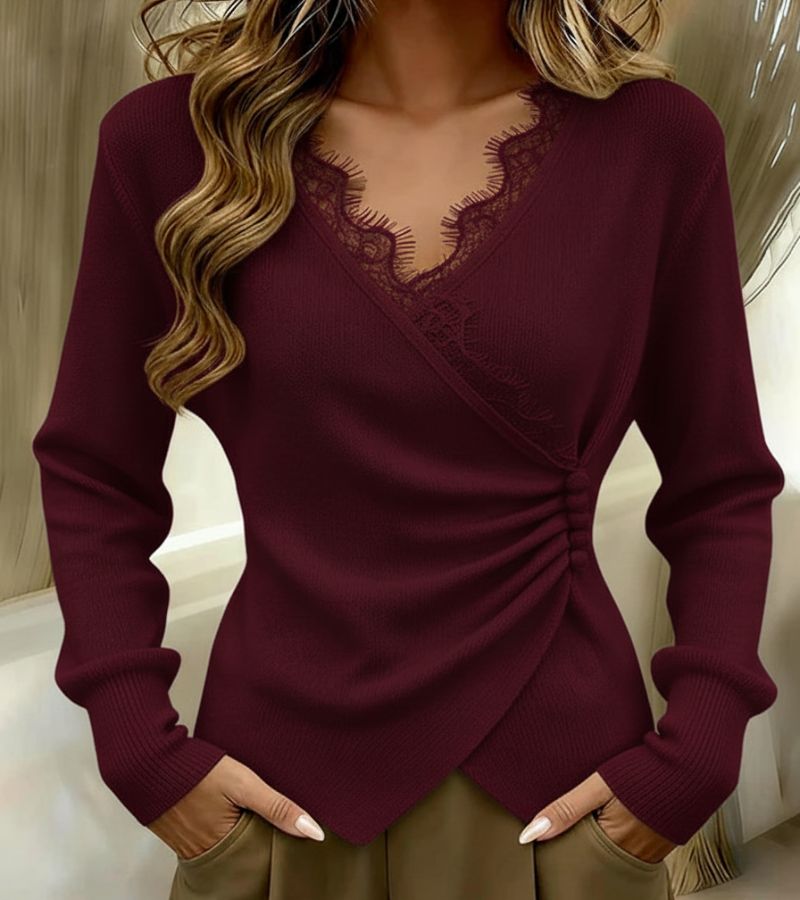 Stylish women's wrap long sleeve blouse with elegant lace trim & V-neck. Comfortable & chic for any occasion.
