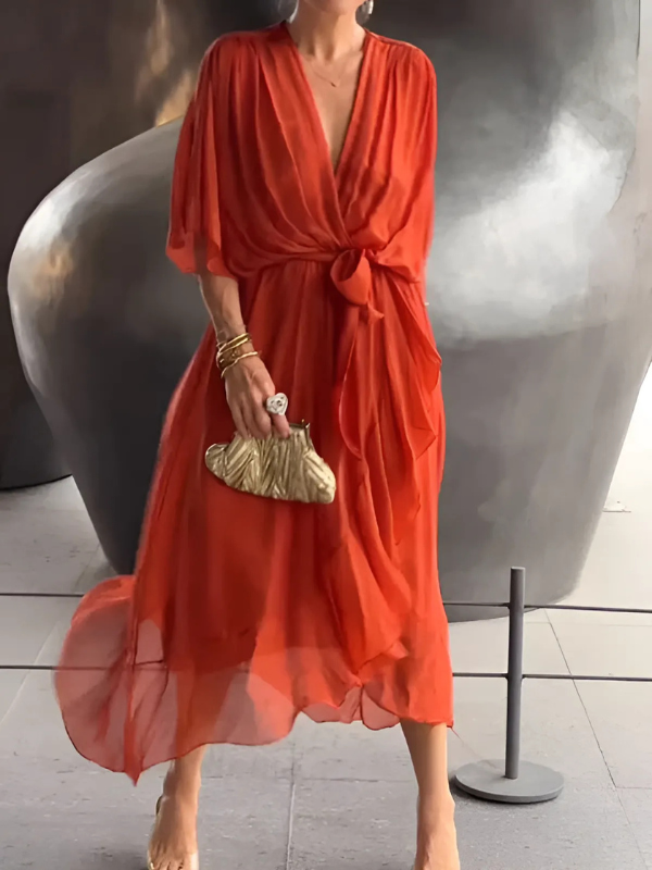 Chic women's wrap midi dress for formal occasions. Elegant silhouette, perfect for special events.