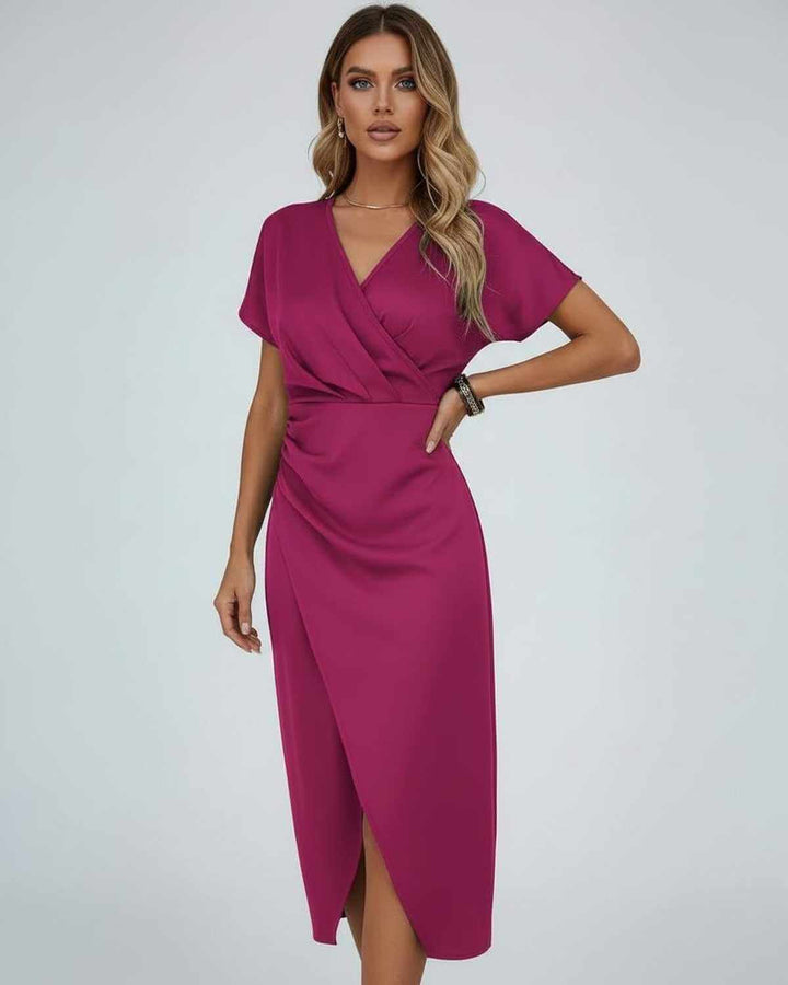 Elegant women's wrap midi dress with split hem, V-neck, & short sleeves. Perfect for party or casual summer wear.