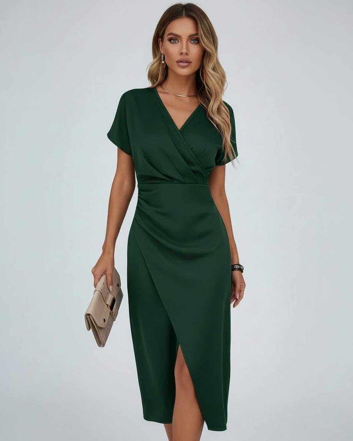 Flattering women's wrap midi dress with a stylish split hem. Versatile V-neck short sleeve design for day to night.