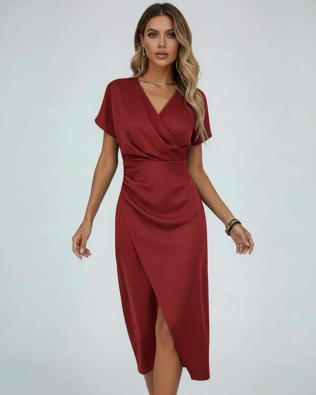 Comfortable short sleeve wrap midi dress for women, featuring a chic split hem. Ideal for casual and party occasions.