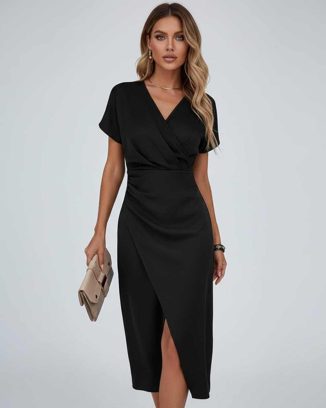 Beautiful V-neck wrap midi dress for women, showcasing a graceful split hem. An elegant short sleeve design.