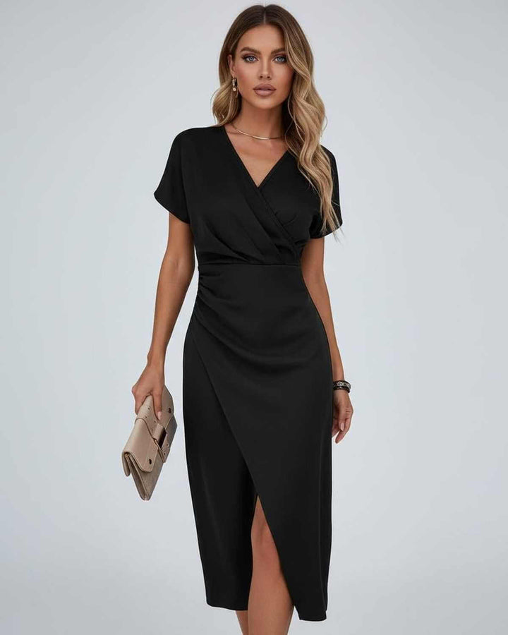 Beautiful V-neck wrap midi dress for women, showcasing a graceful split hem. An elegant short sleeve design.