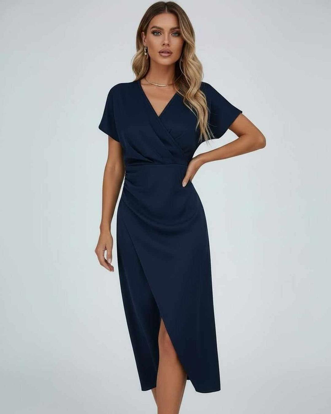 Modern women's wrap midi dress with a trendy split hem. Versatile short sleeve, V-neck dress for summer fashion.