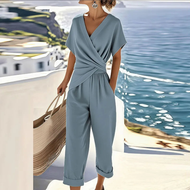 Comfortable women's versatile cropped jumpsuit with a chic wrap style. Ideal for effortless summer outfits & vacation.