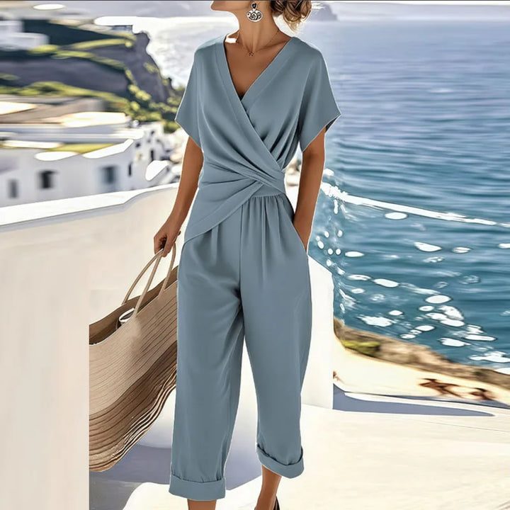 Comfortable women's versatile cropped jumpsuit with a chic wrap style. Ideal for effortless summer outfits & vacation.