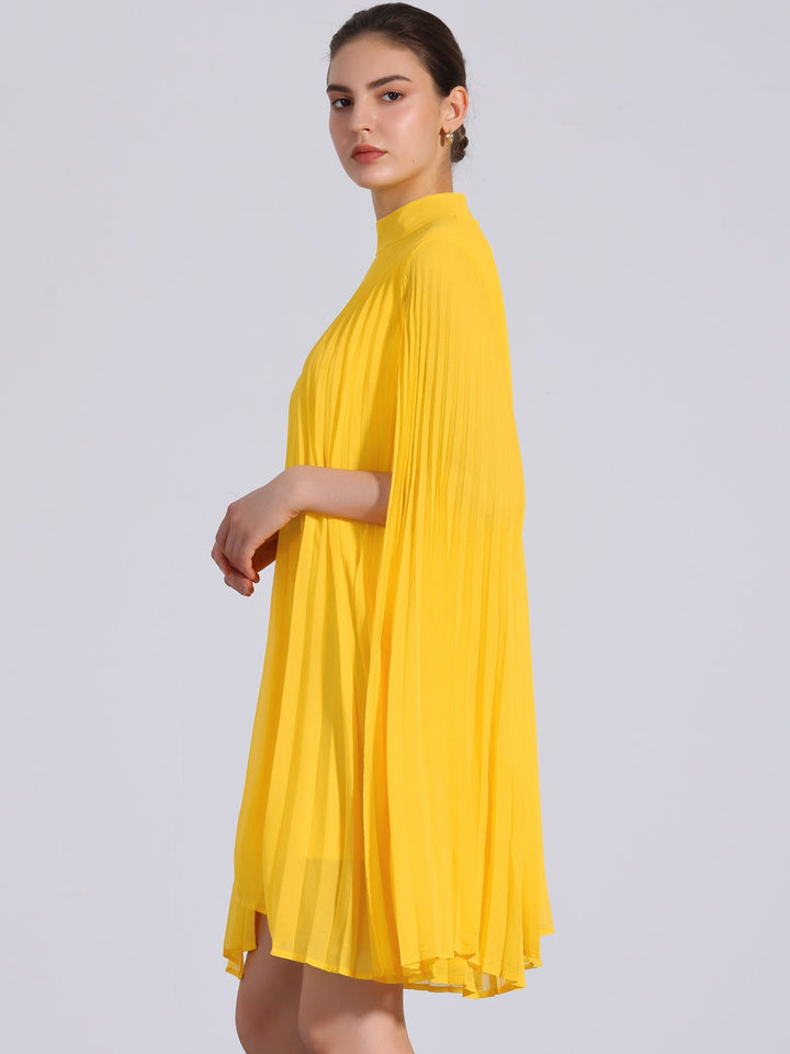 Women's vibrant yellow pleated swing dress, featuring a chic mock neck & elegant cape sleeves.