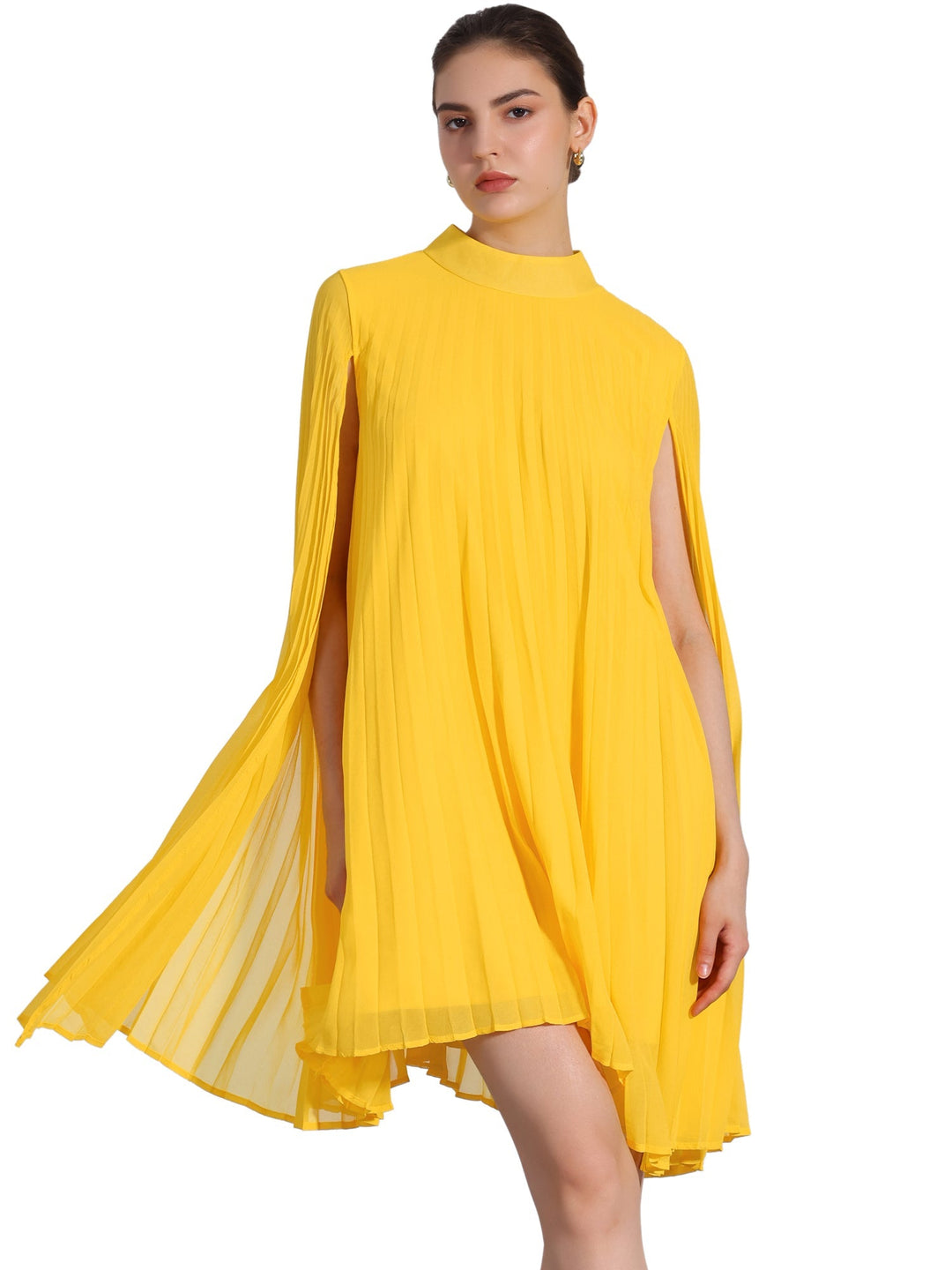 Formal yellow pleated swing dress for women, with elegant cape sleeves & mock neck. Perfect for parties.